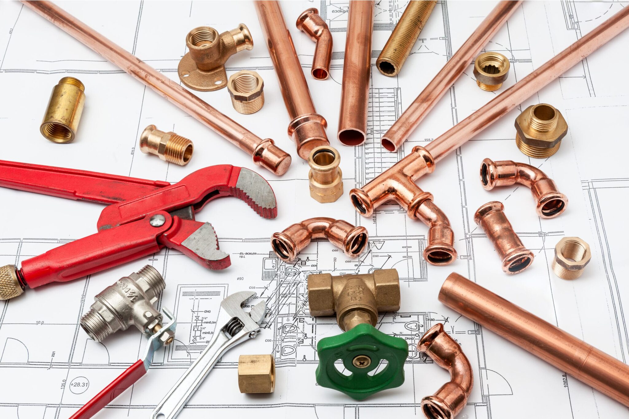 Copper pipes, fittings, valves, and plumbing tools in Largo