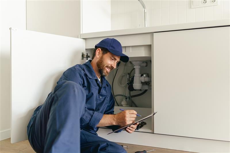 Residential plumber reviewing plumbing repairs in a Largo kitchen