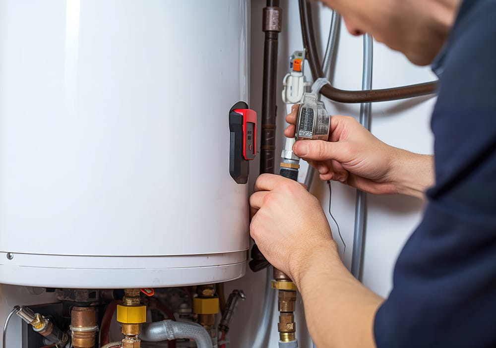 Technician repairing pipes connected to a water heater in Largo